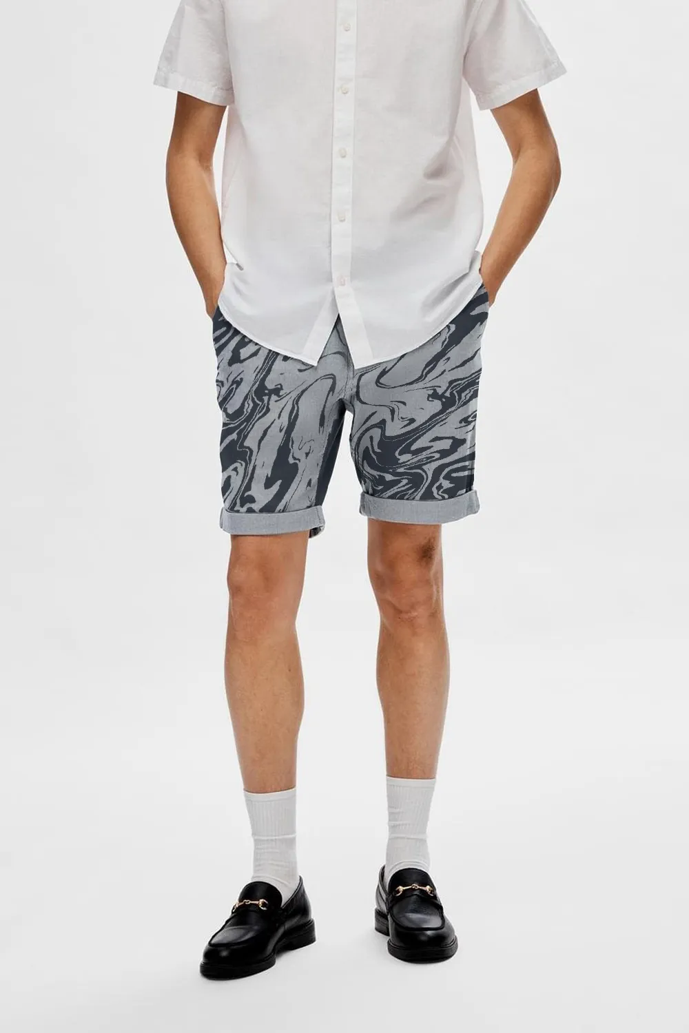 Blue Mid Rise Cotton Shorts