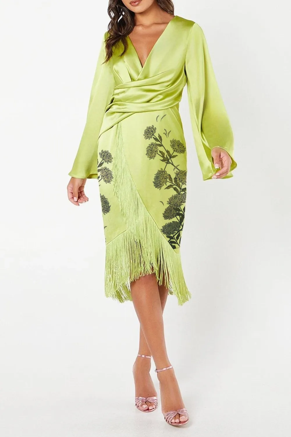 Satin Fringe Hem Wrap Waist Midi Dress