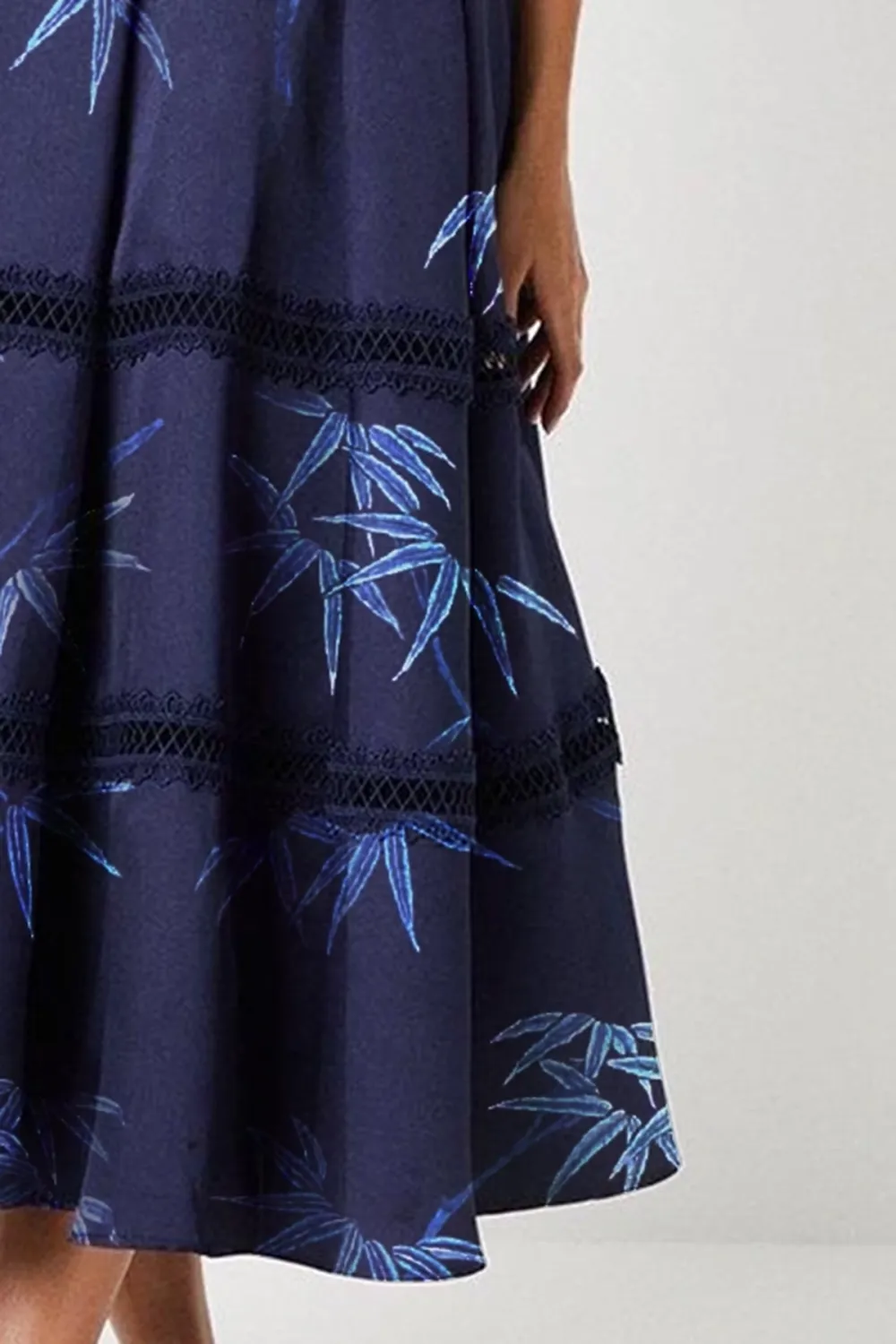 Plunge Neck Twill Midi Dress With Lace Trims