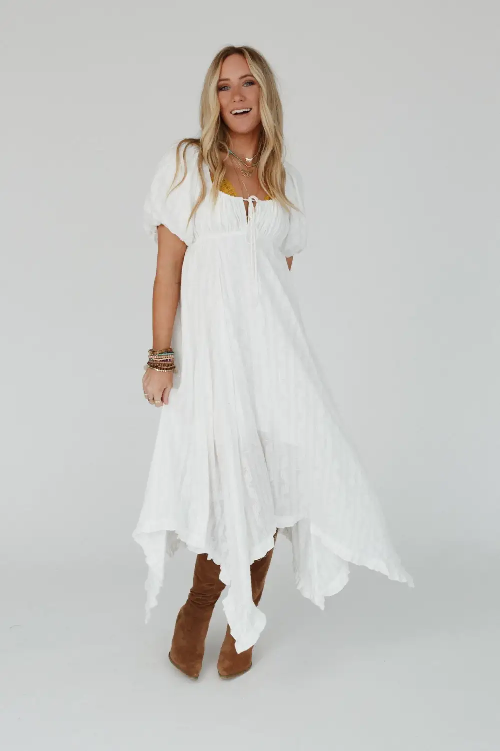 Moon City Textured Tie Detail Dress - White