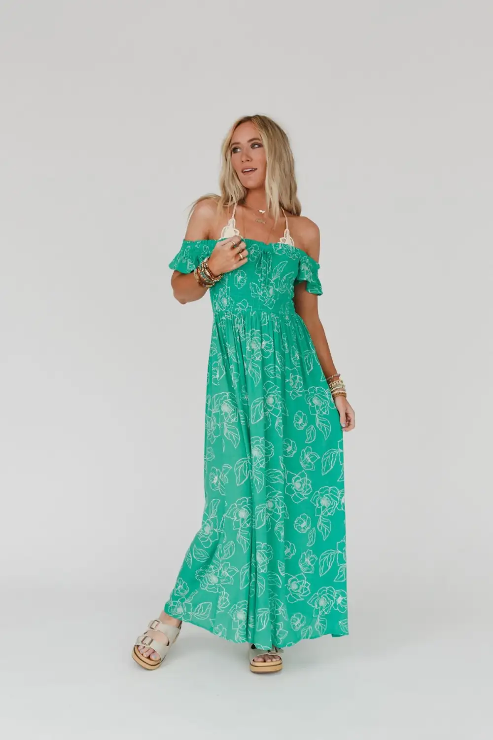 Blooming Love Off The Shoulder Maxi Dress - Green