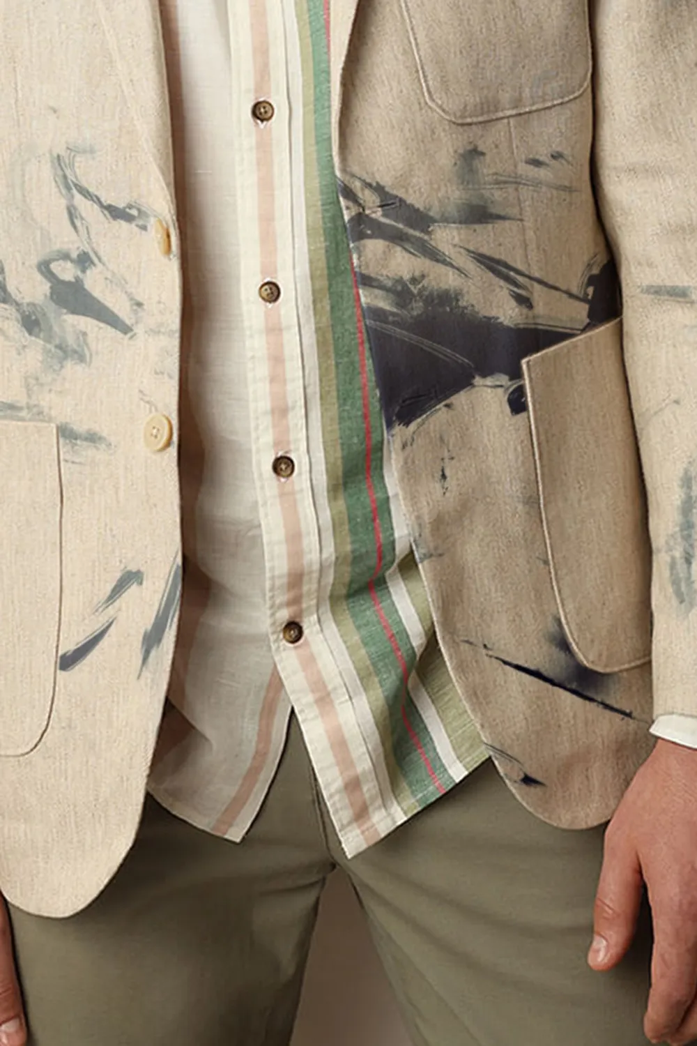 Beige Textured Linen Casual Blazer