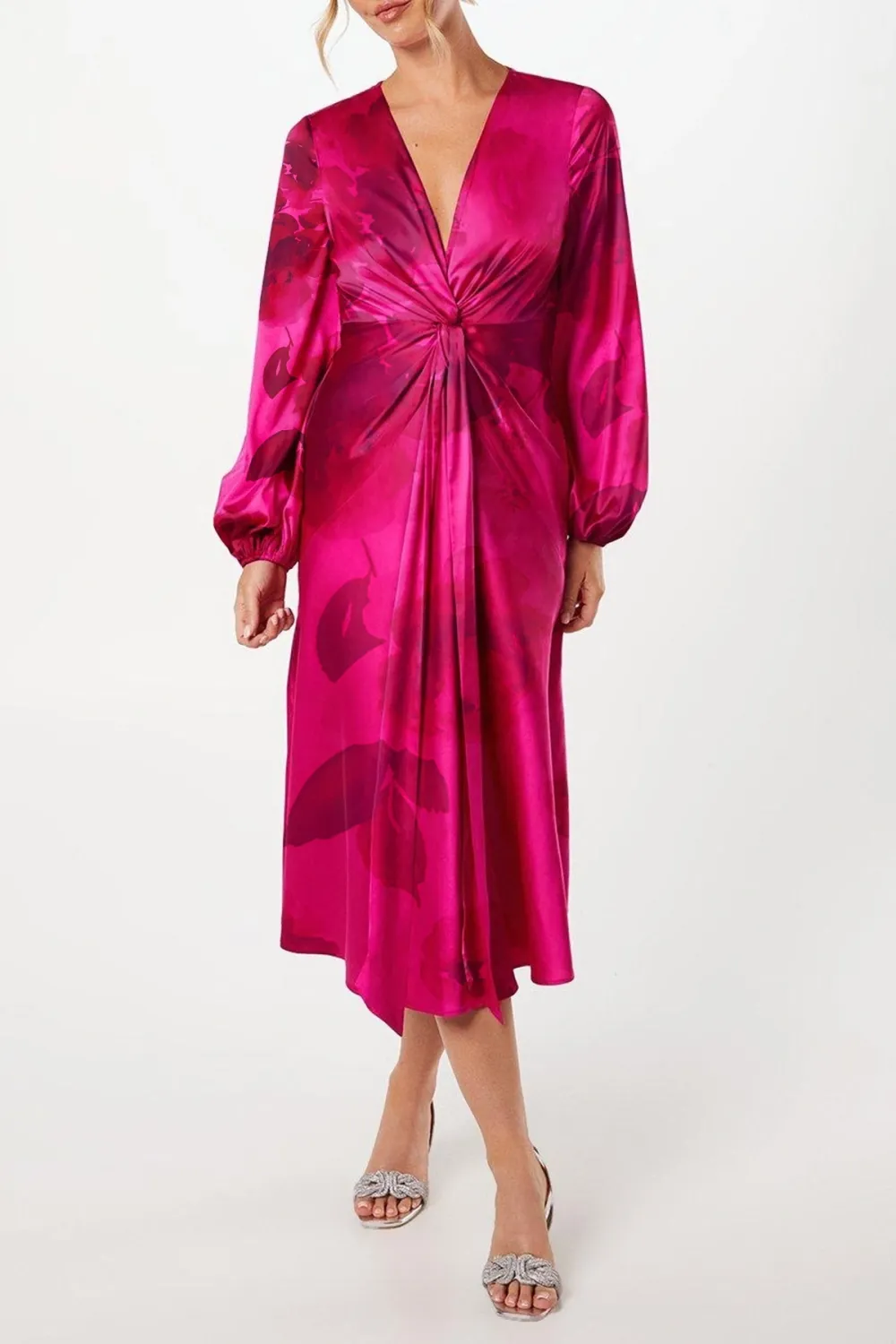 Satin Twist Front Midi Dress