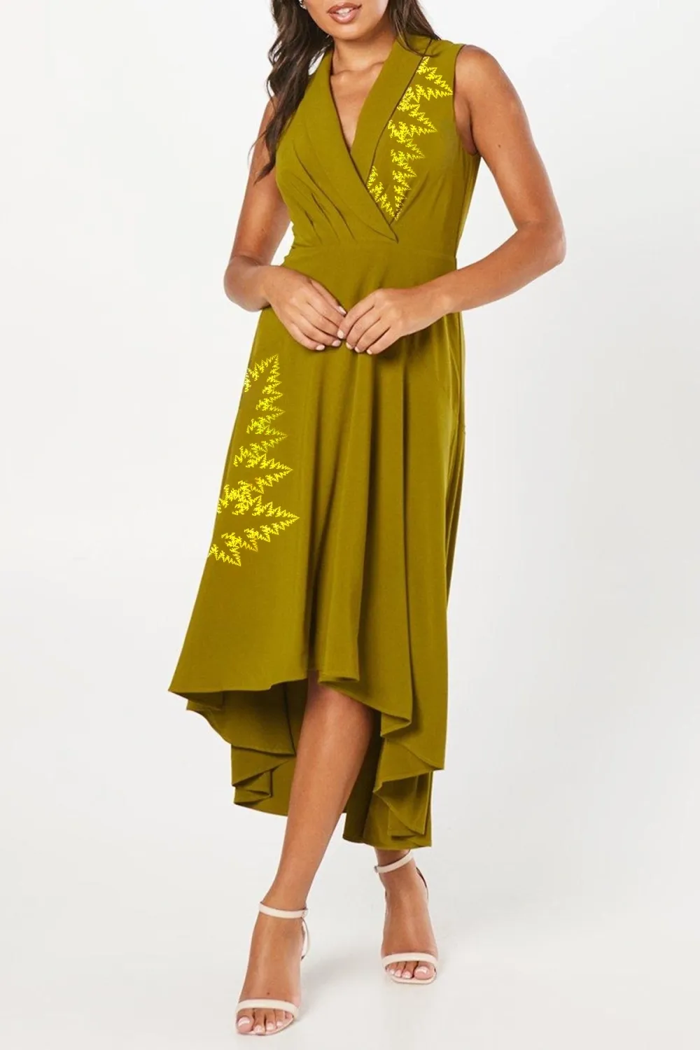 Collared Wrap Bodice Drape Crepe Midi Dress
