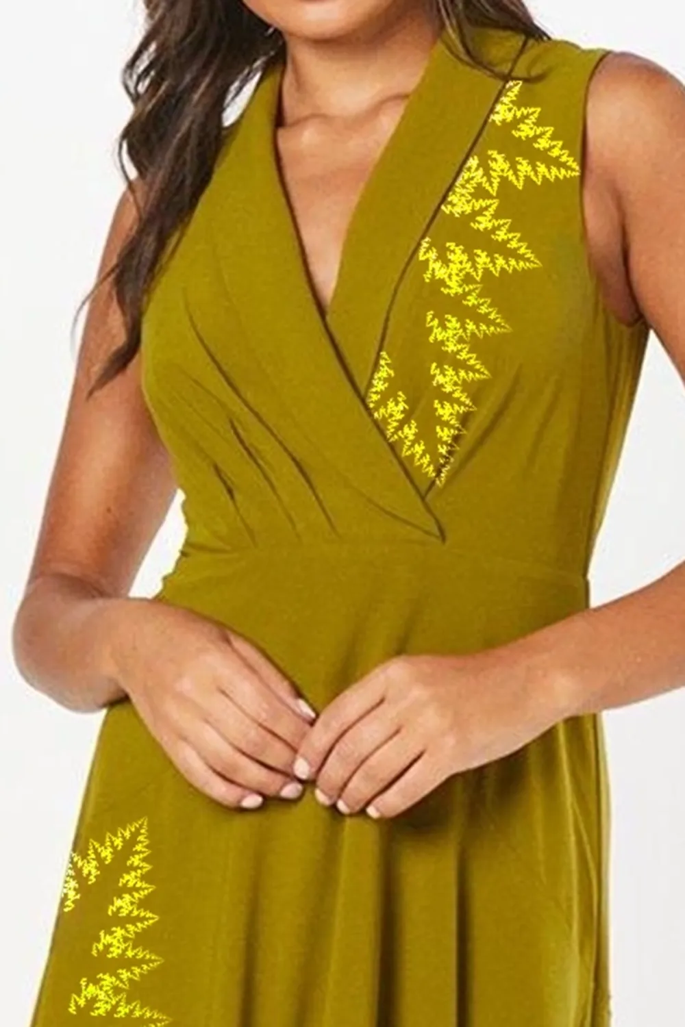 Collared Wrap Bodice Drape Crepe Midi Dress