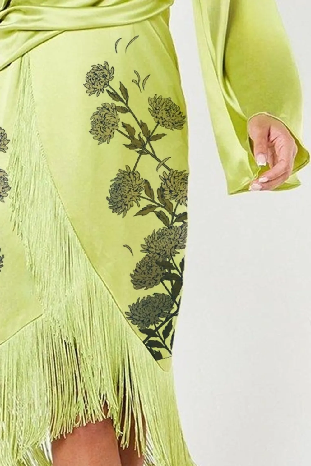 Satin Fringe Hem Wrap Waist Midi Dress