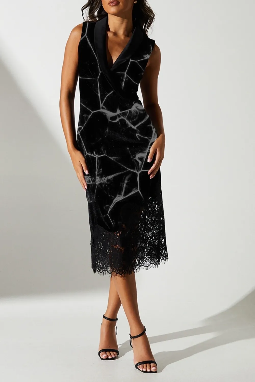 Wrap Front Collared Velvet Lace Mix Midi Dress