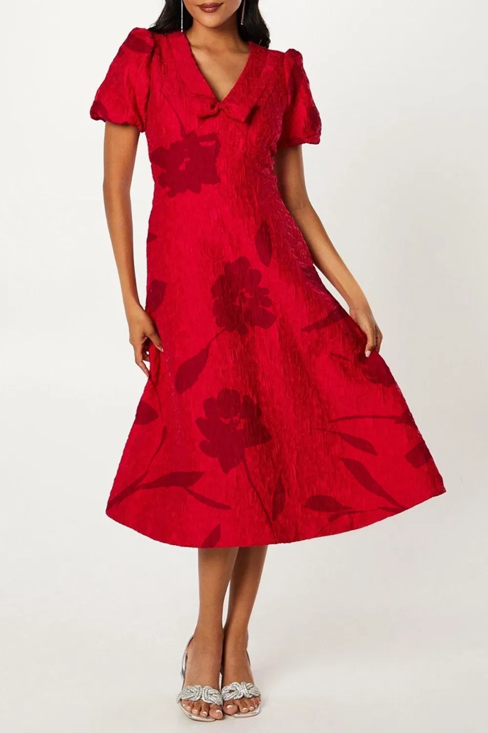 Textured Jacquard Bow Front Midi Dress