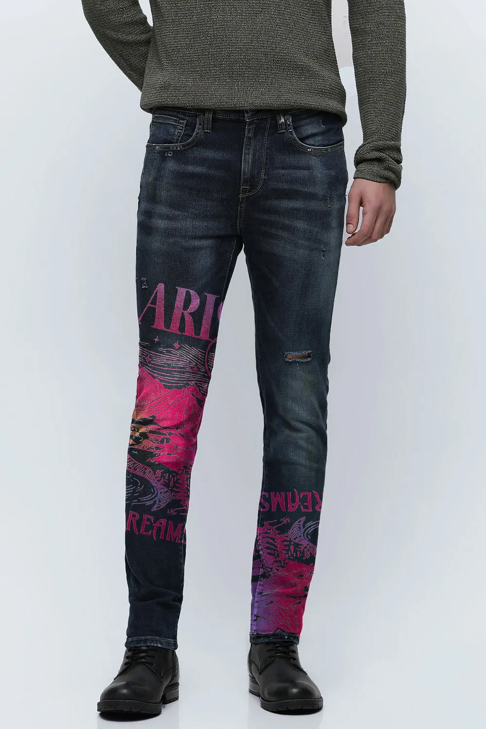 Blue Mid Rise Distressed Slim Fit Jeans