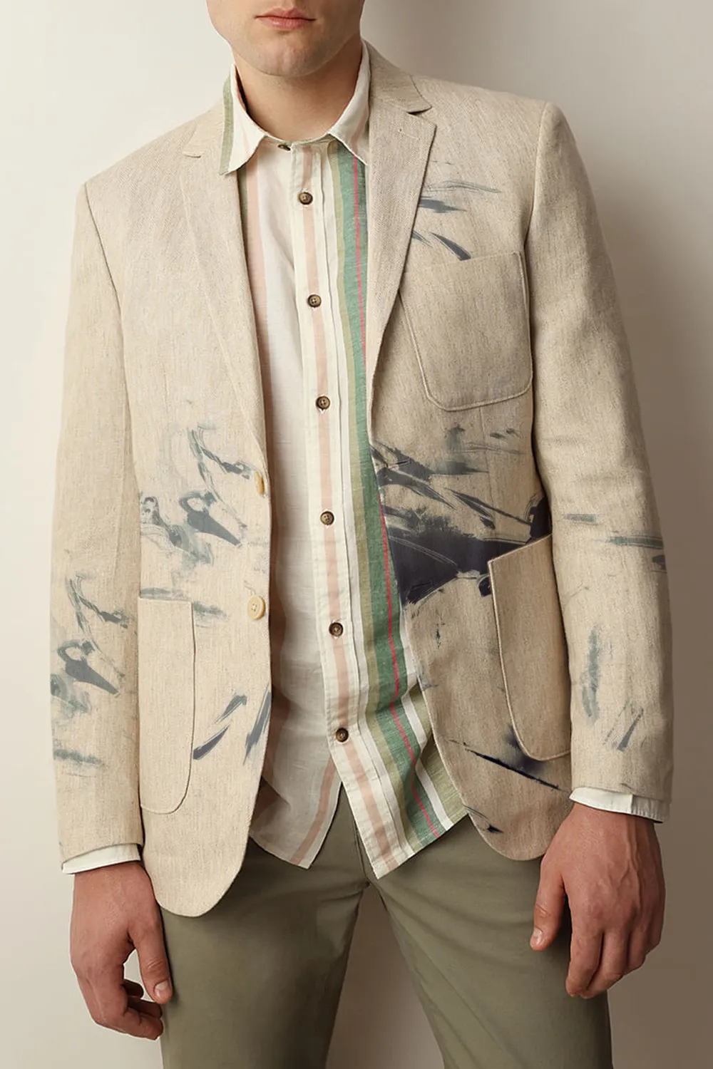 Beige Textured Linen Casual Blazer