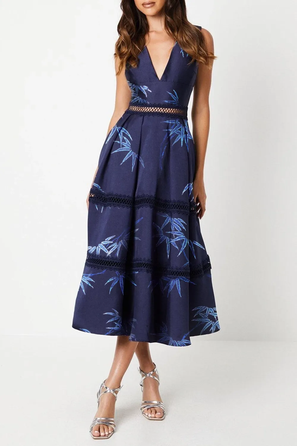 Plunge Neck Twill Midi Dress With Lace Trims