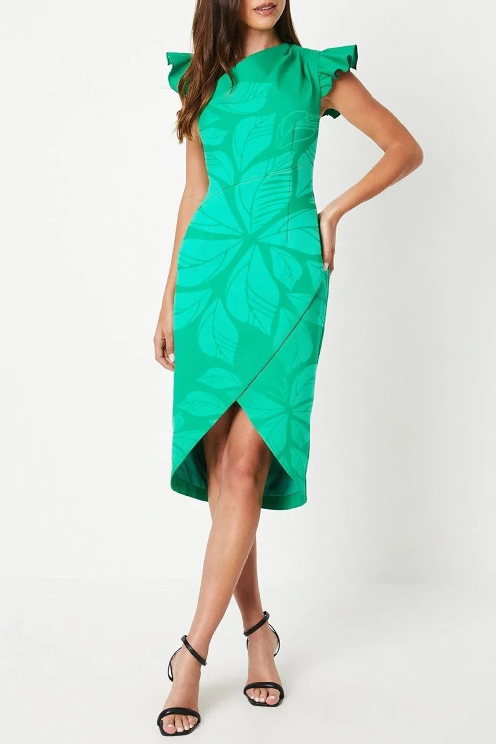 Frill Shoulder Asymmetrical Wrap Pencil Dress