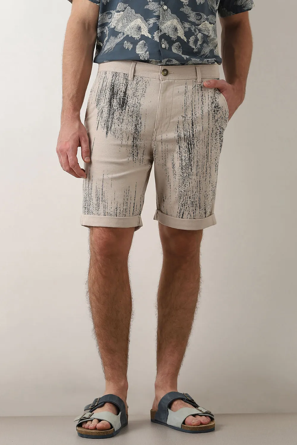 Beige Mid Rise Cotton Shorts