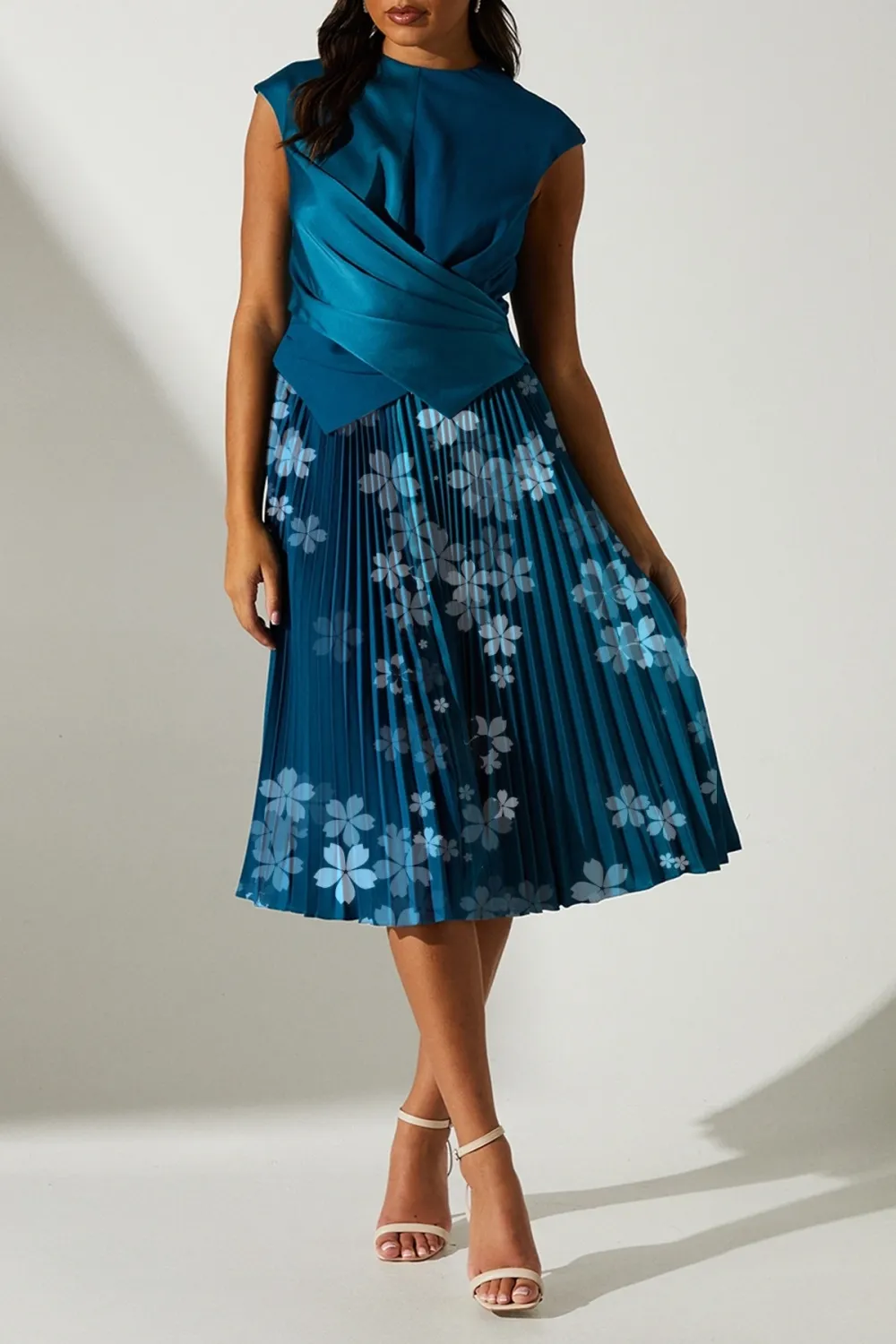 Satin Cross Front Peplum Detail Pleat Skirt Midi Dress