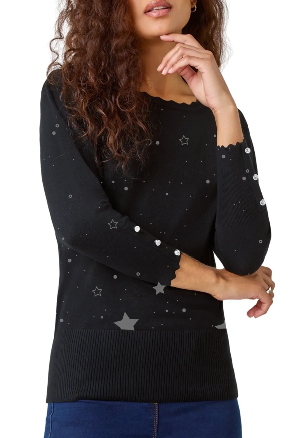 Diamante Button Scallop Edge Jumper
